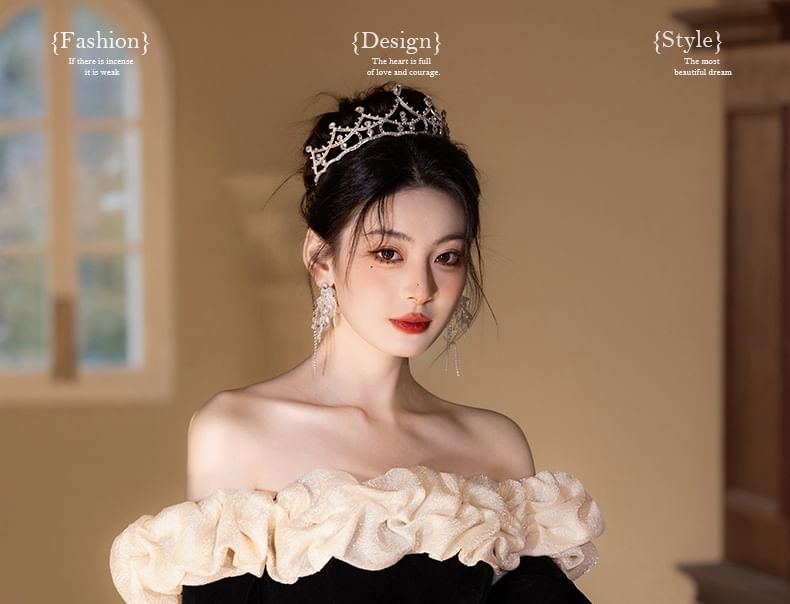 Long-Sleeve Off Shoulder Ruffle Trim Two Tone A-Line Evening Gown