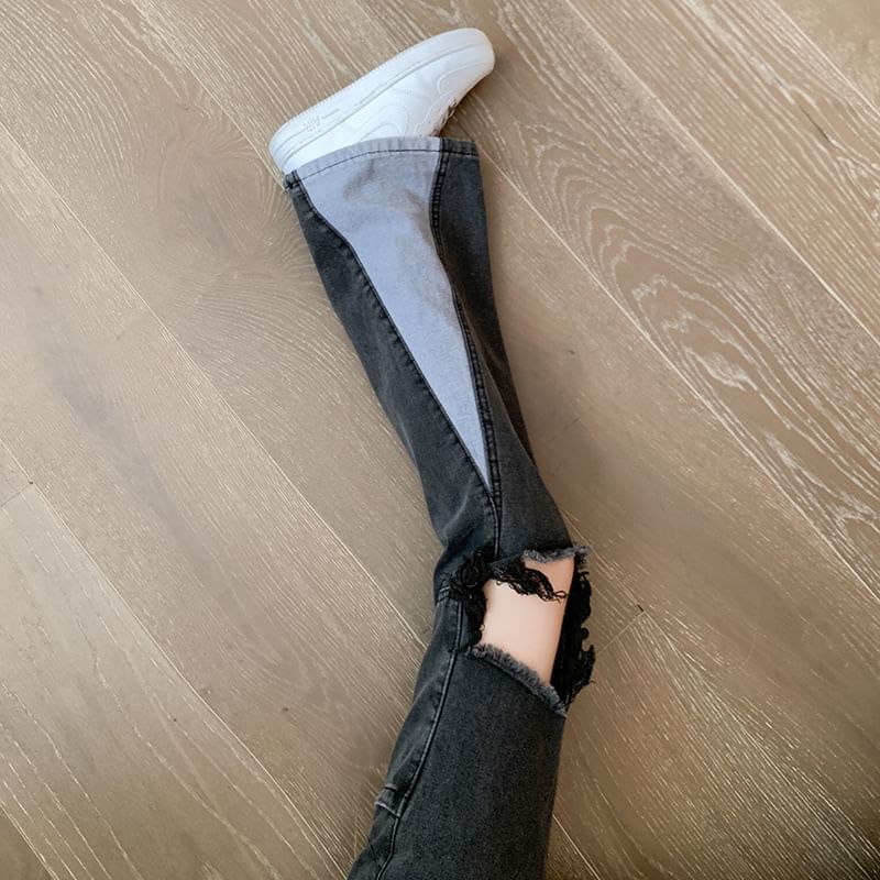 Distressed Waist Jeans Washed Flared High Panel