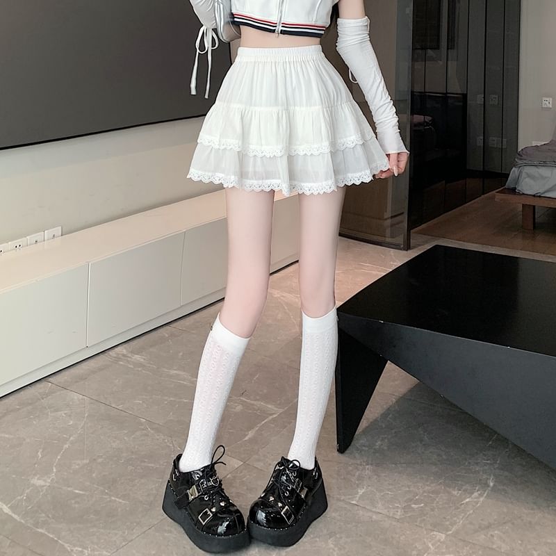 Skirt Mini Elastic A-Line Balletcore Lace Trim Waist Plain Tiered