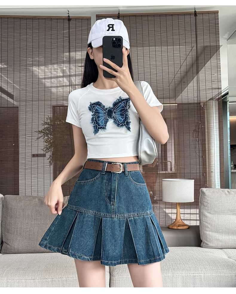 Denim Rise Pleated High Skirt Mini A-Line