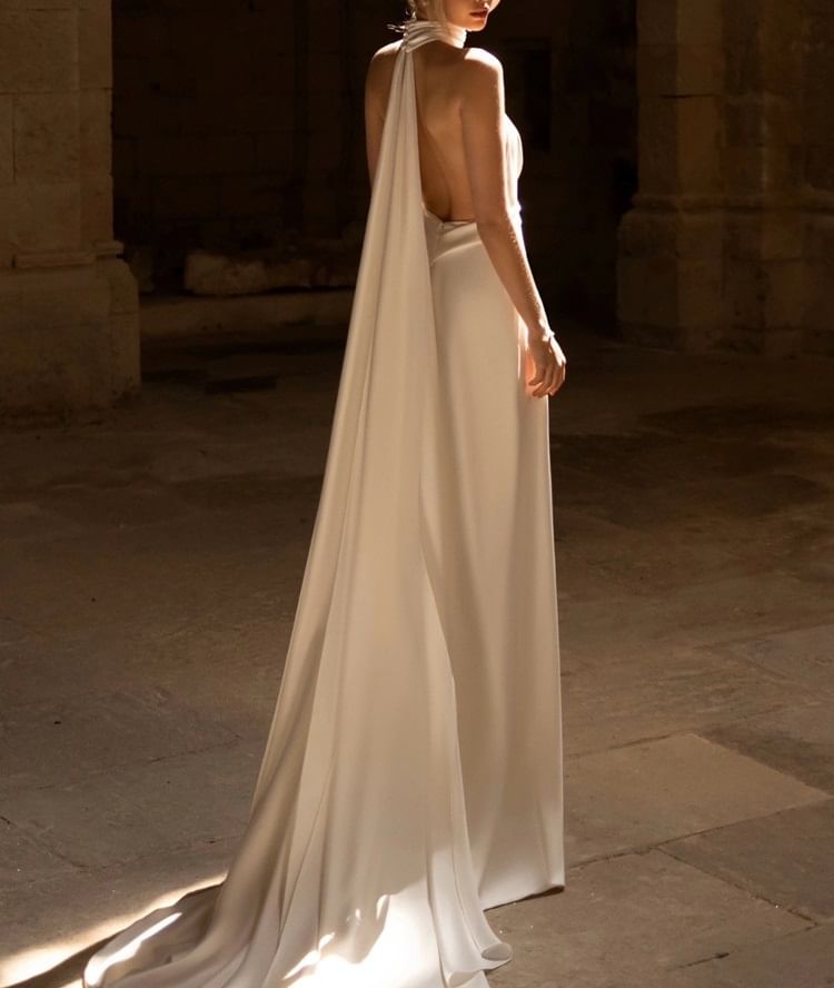 Wedding V-Neck Trained Back Open Satin Gown A-Line Plunge Plain Halter