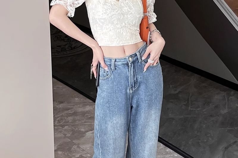 Top Off-The-Shoulder Crop Trim Lace Ruffle Short-Sleeve