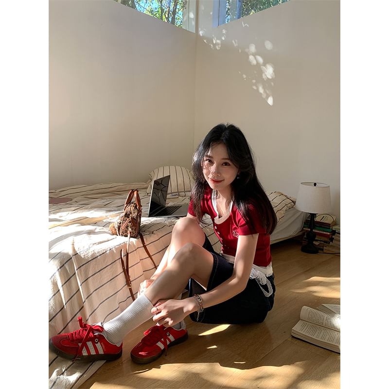 Square Neck Crop Top Two-Piece Mock Short-Sleeve