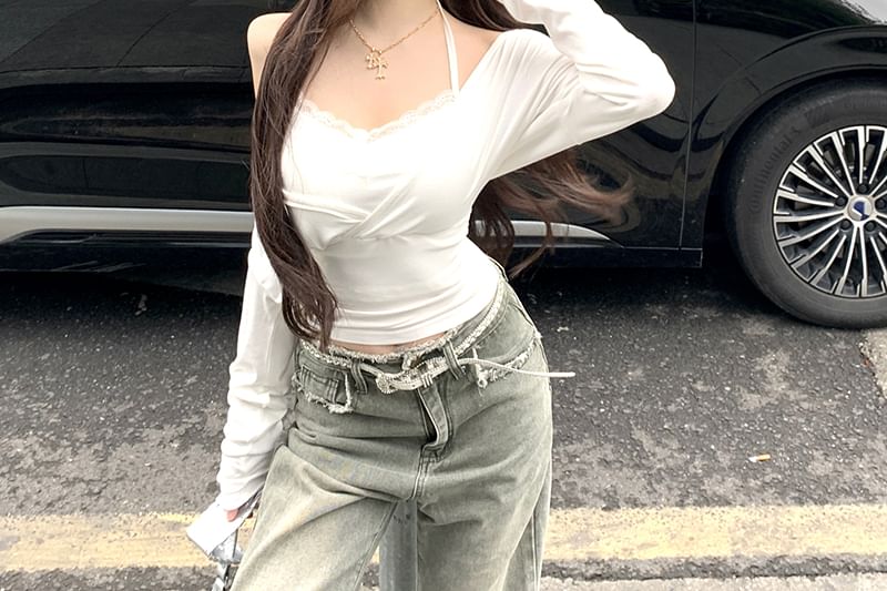 Set: Slim + Back Crop Plain Halter Camisole Open Top T-Shirt Long-Sleeve Fit V-Neck