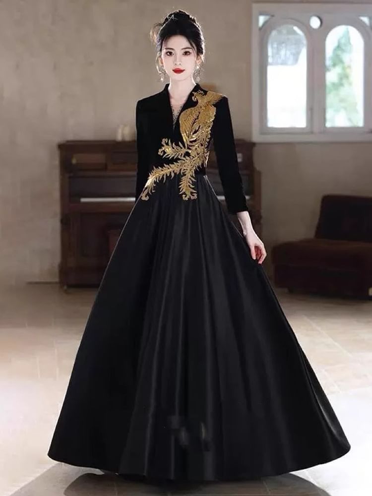Gown Evening Phoenix Sequin Embroidered A-Line Long-Sleeve V-Neck