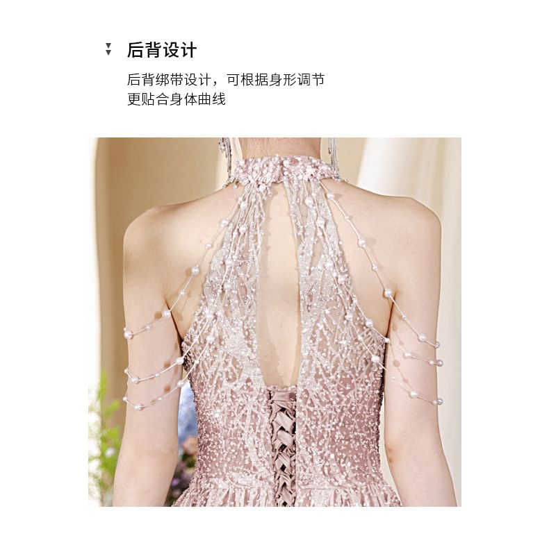 Back Fringed Halter Gown Mock Neck A-Line Evening Faux Cutout Pearl