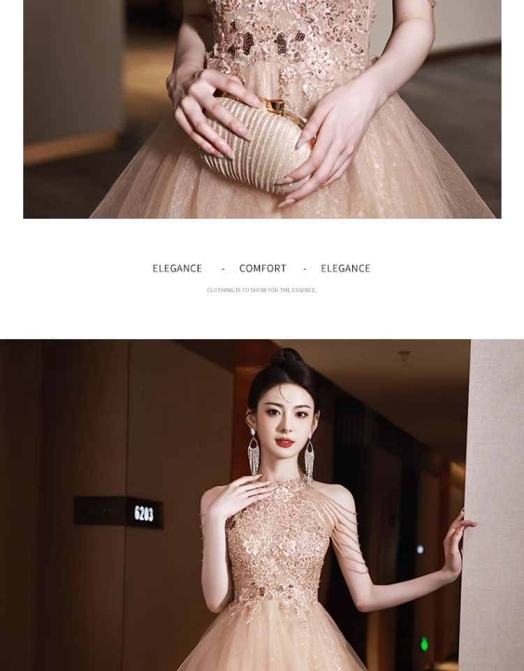 Halter Sequin A-Line Evening Floral Fringed Layered Neck Gown