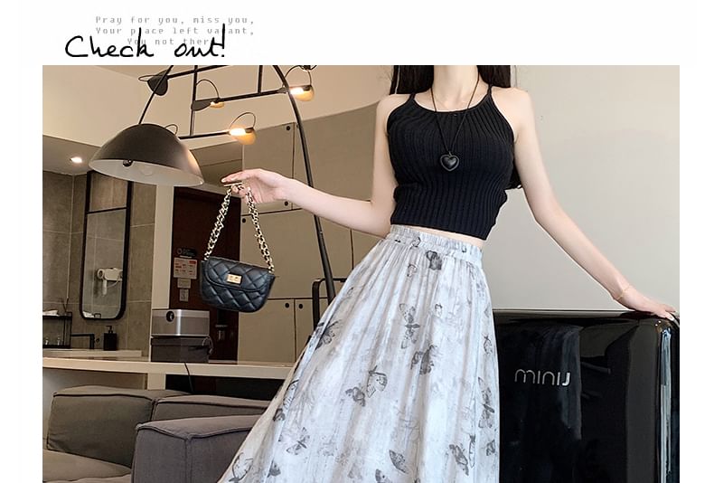 Midi Skirt High A-Line Print Rise Butterfly