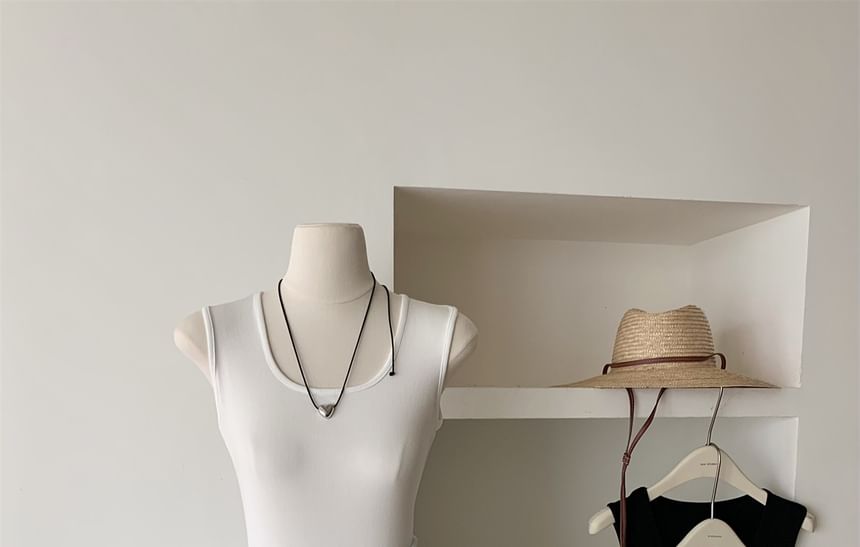 Neck Scoop Dress Mini A-Line Ribbed Plain Sleeveless