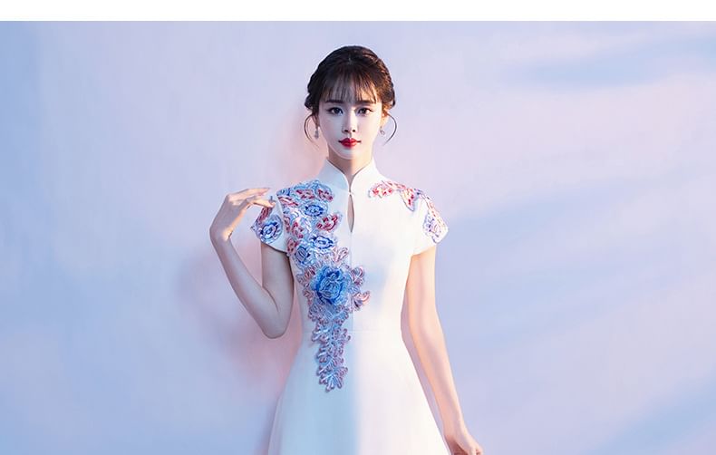 A-Line Evening Collar Embroidered Stand Gown Floral Short-Sleeve