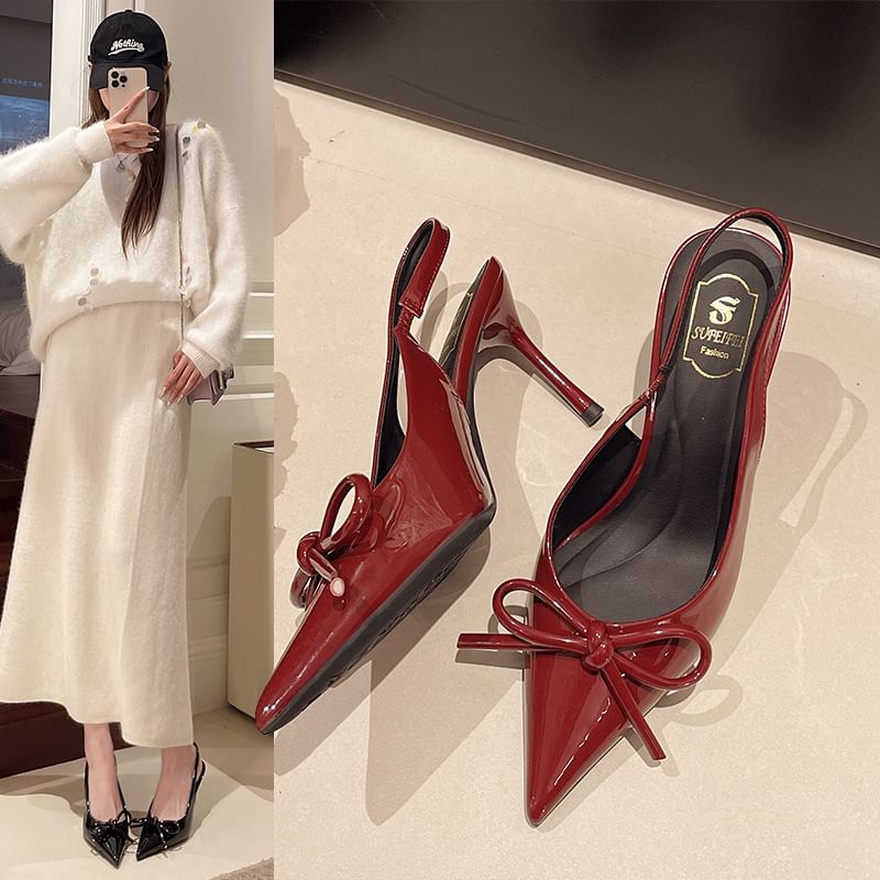Toe Slingback Sandals Heel Pointed Bow Stiletto