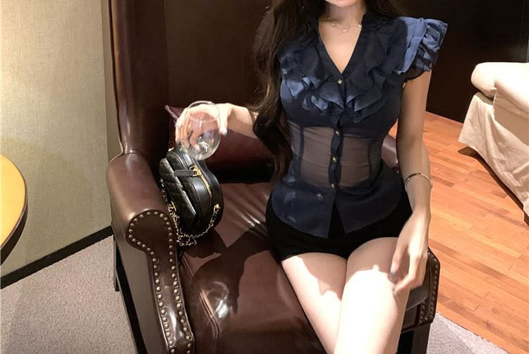 Blouse Trim Ruffle Fit Cap-Sleeve Plain Slim