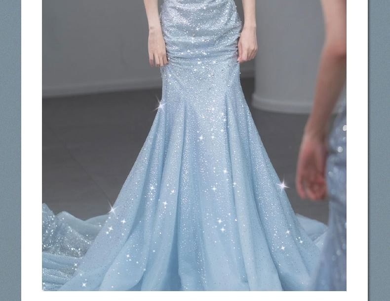 Spaghetti Strap Sequin Trained Open Back Mermaid Evening Gown