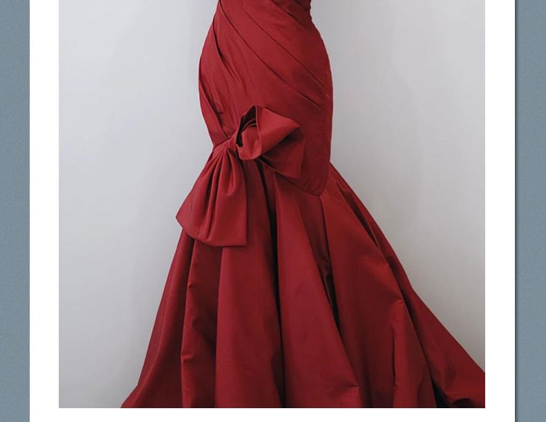 Trumpet Off-Shoulder Plain Gown Bow Ruched Accent Evening Trained Puff-Sleeve