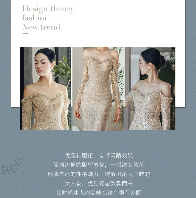 Sequin Mermaid Off-Shoulder Evening Gown Long-Sleeve