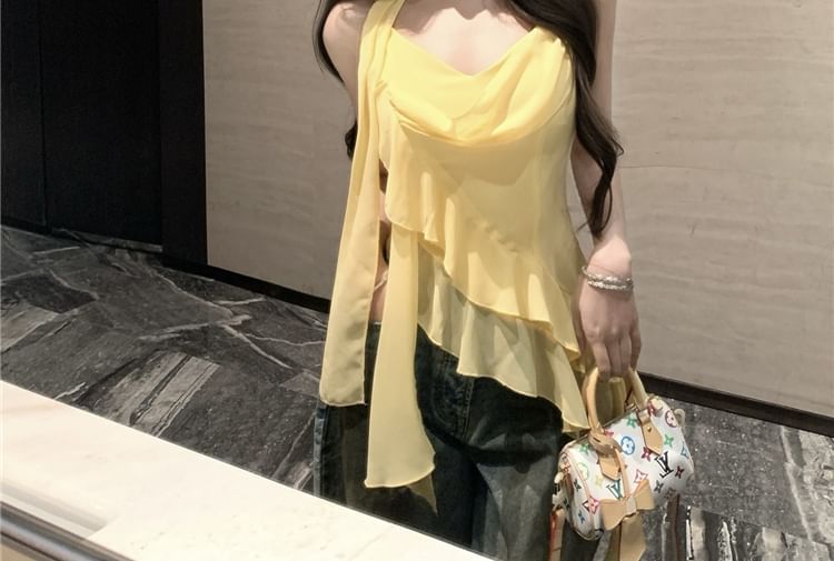 V-Neck Camisole Crop Plain Scarf Asymmetrical Hem + Ruffle Set: Top