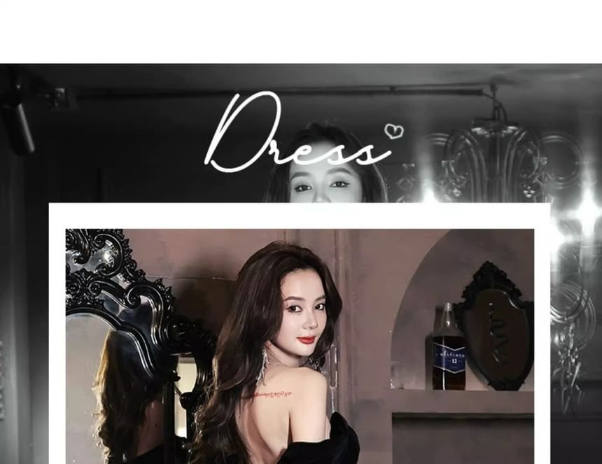 Sequined Velvet Tasseled Panel Off-Shoulder Gown Evening A-Line