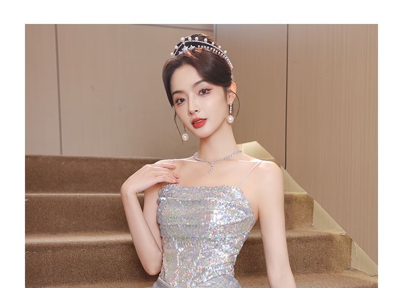 Strap Spaghetti Sequined A-Line Gown Evening