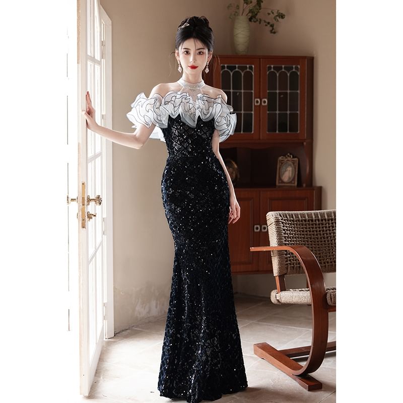 Sequined Gown Ruffled Evening Off-Shoulder Mermaid