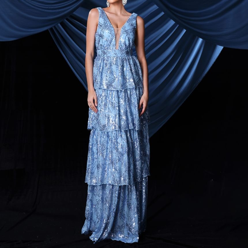 Gown V-Neck Evening Plunge Sequin Sleeveless A-Line Tiered