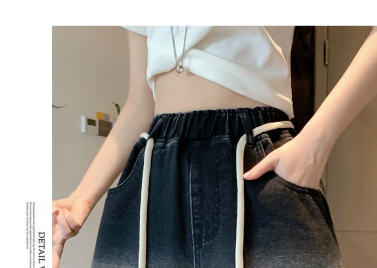 Waist Washed Fringed Drawstring Shorts Denim