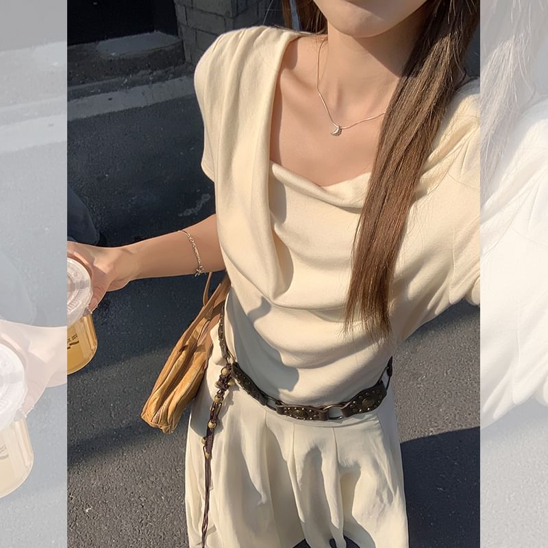 Short-Sleeve Ruched Plain Fit Cowl T-Shirt Slim Neck