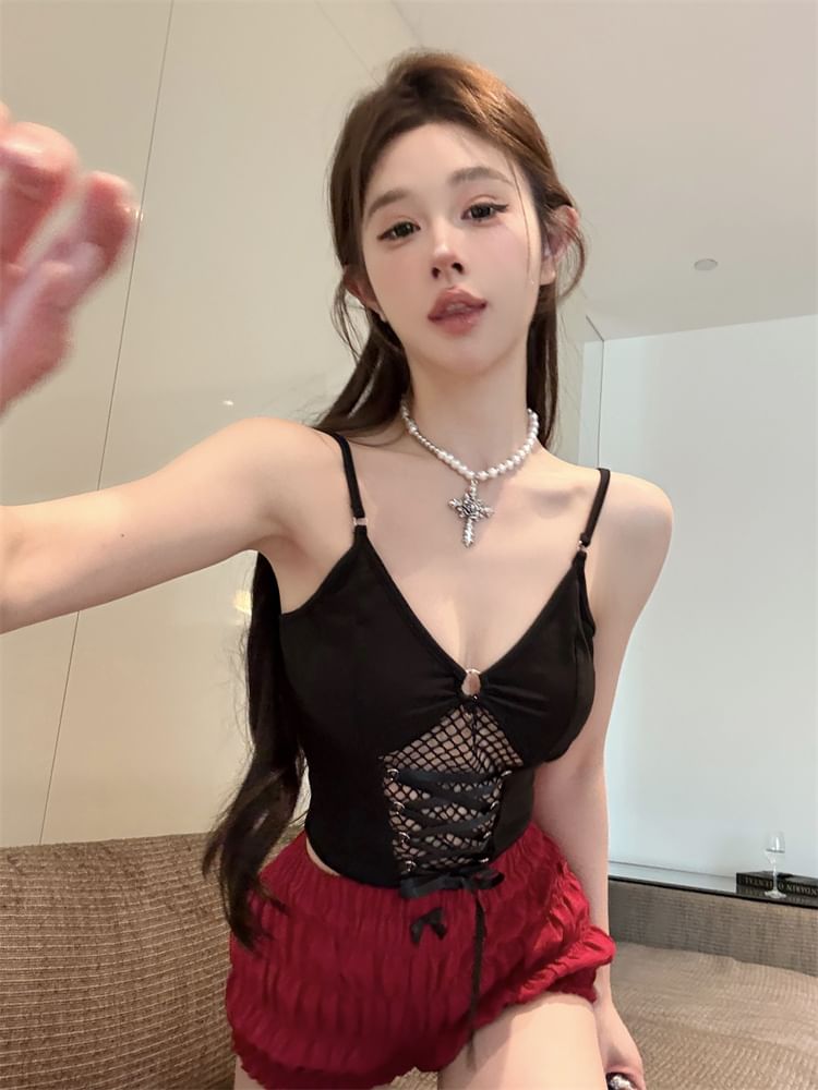 Fit Crop Camisole Top Slim Plain Mesh Panel Lace-Up