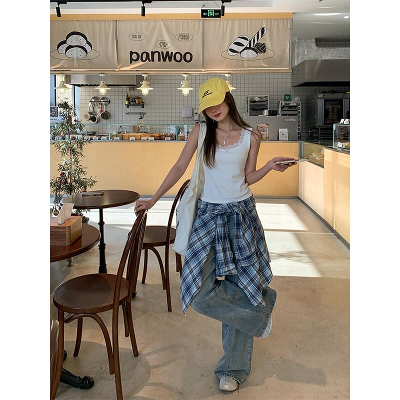 Trim Square Neck Lace Slim Bow Fit Plain Top Tank