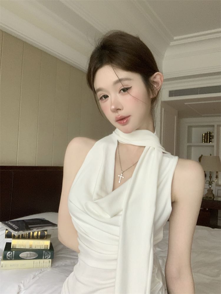 Set: Top Slim Scarf Tank + Neck Cowl Plain Fit