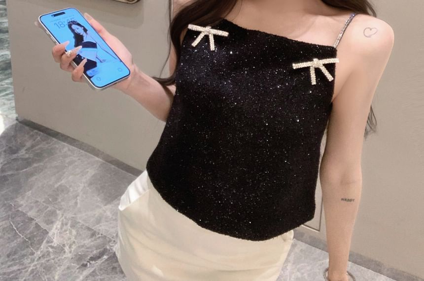 Rhinestone Glitter Cami Bow Top
