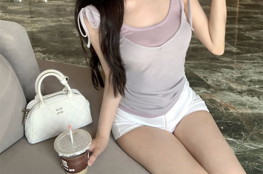 Deep Plain Scoop Set: Neck Top Shoulder + Plunge Camisole Tie Tank