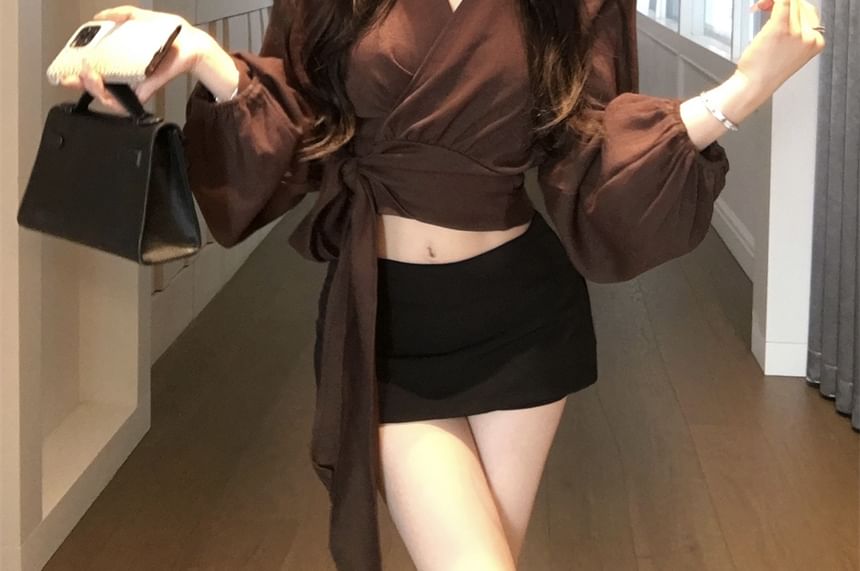 Wrap V-Neck Blouse Long Sleeve Plain Crop