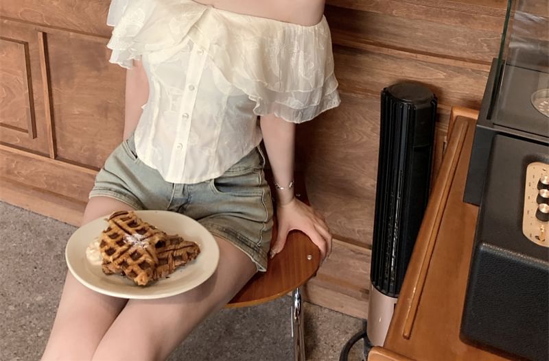 Shoulder Blouse Off Ruffle Sleeve Plain Short