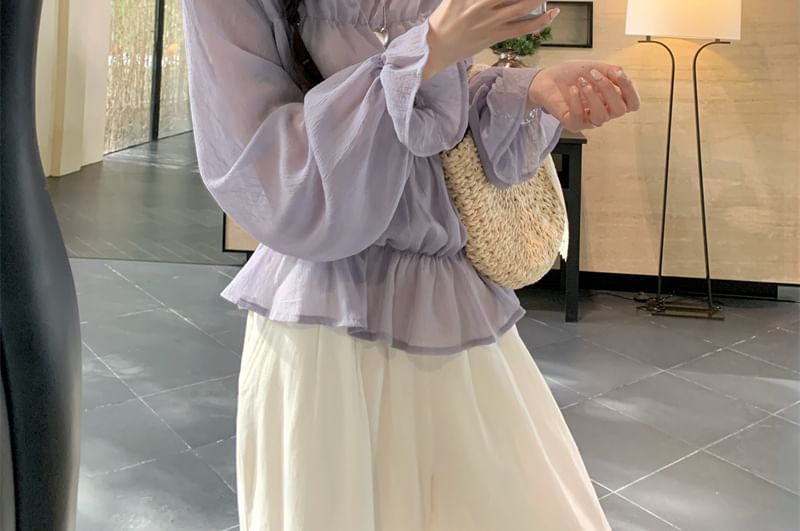 Lace One Long Shoulder Trim Blouse Plain Panel Sleeve