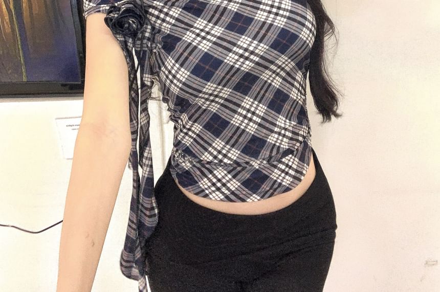 Top Short Off Shoulder Plaid Sleeve