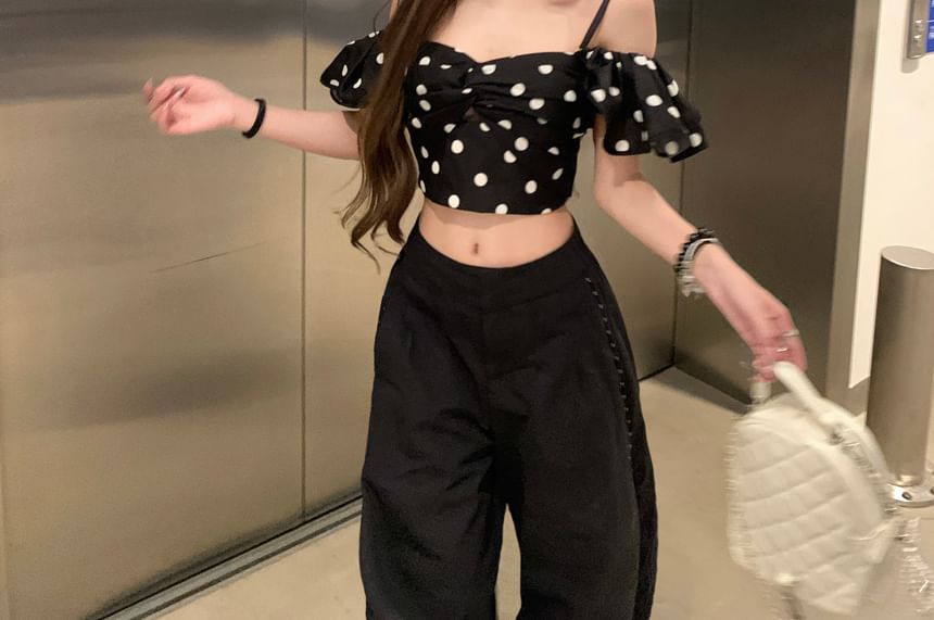 Dotted Cold Crop Top Short-Sleeve Shoulder