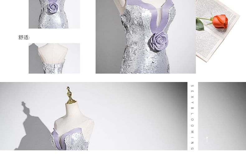 Gown Sequin Floral Evening Mermaid Strapless Accent