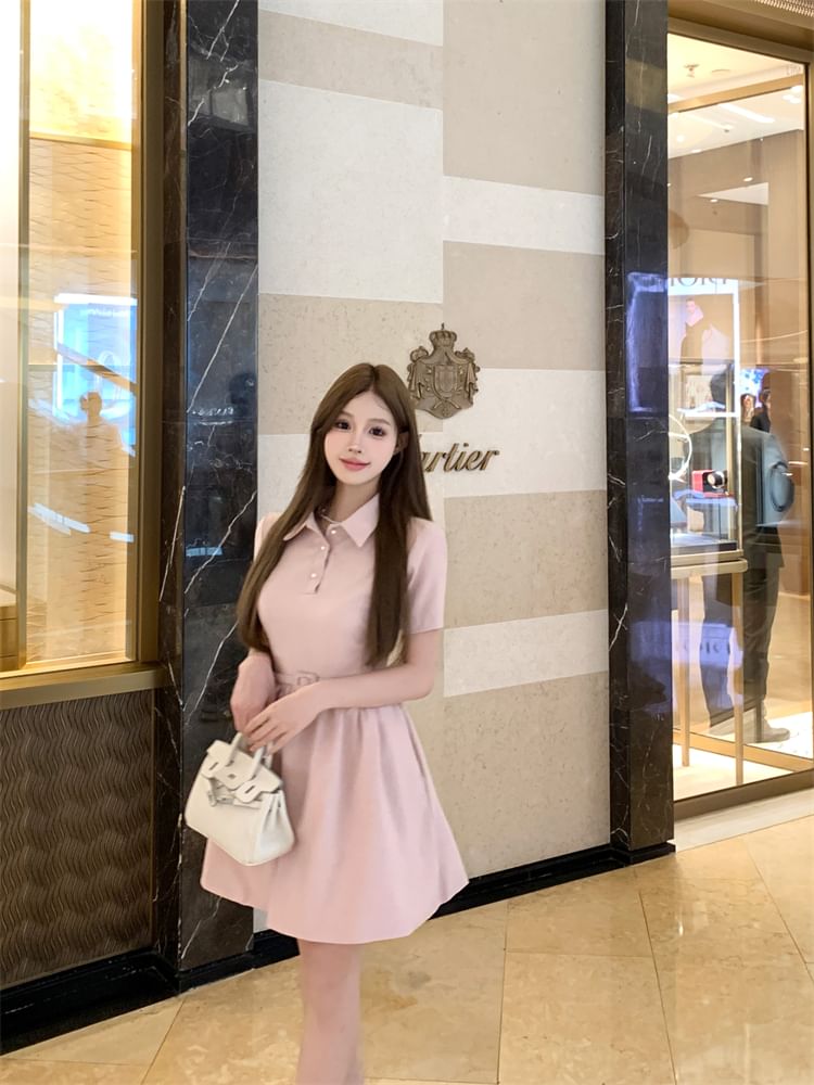 Short-Sleeve A-Line Dress Plain Mini Collar