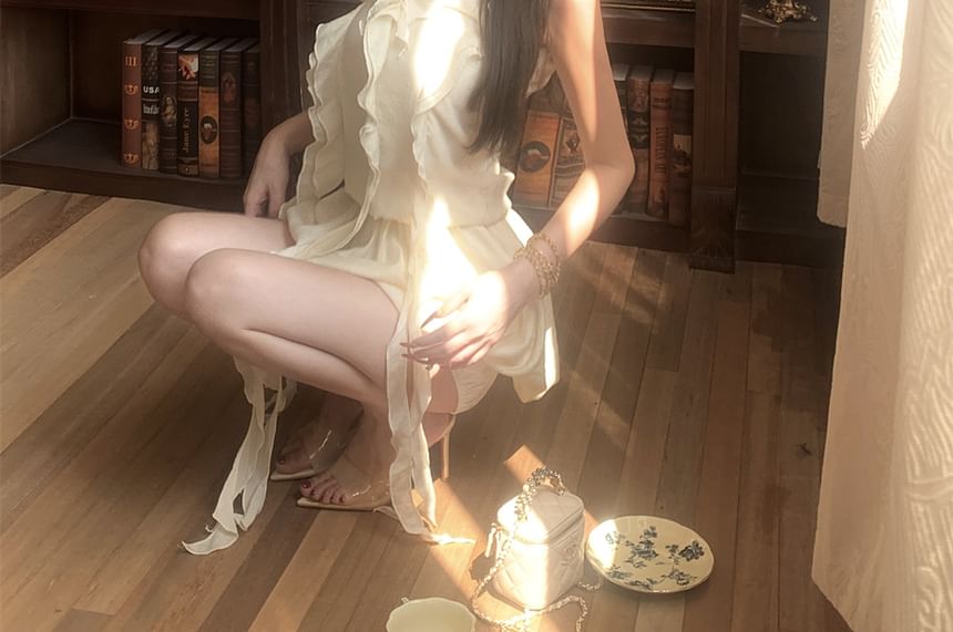 Dress Plain Set: Mini A-Line Balloon Shorts Halter-Neck Ruffled +