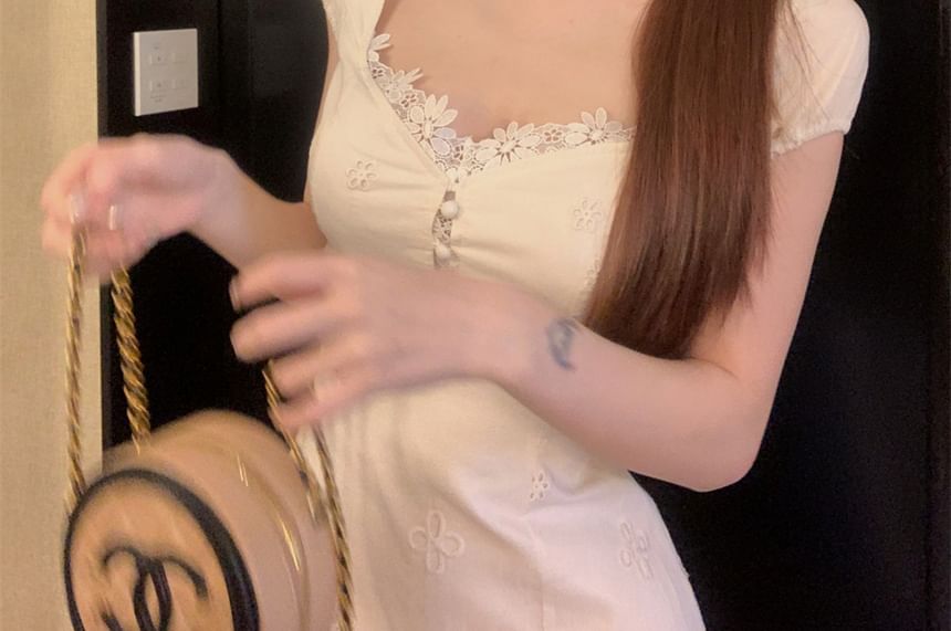 A-Line Trim Mini Dress Square-Neck Floral Short-Sleeve