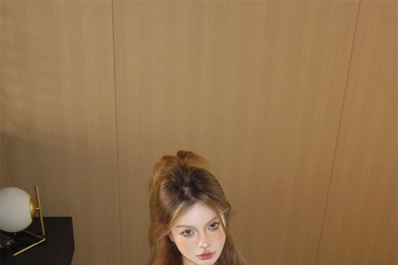 Long-Sleeve Set: Tube Crop + Camo Print Top Off-Shoulder Mesh