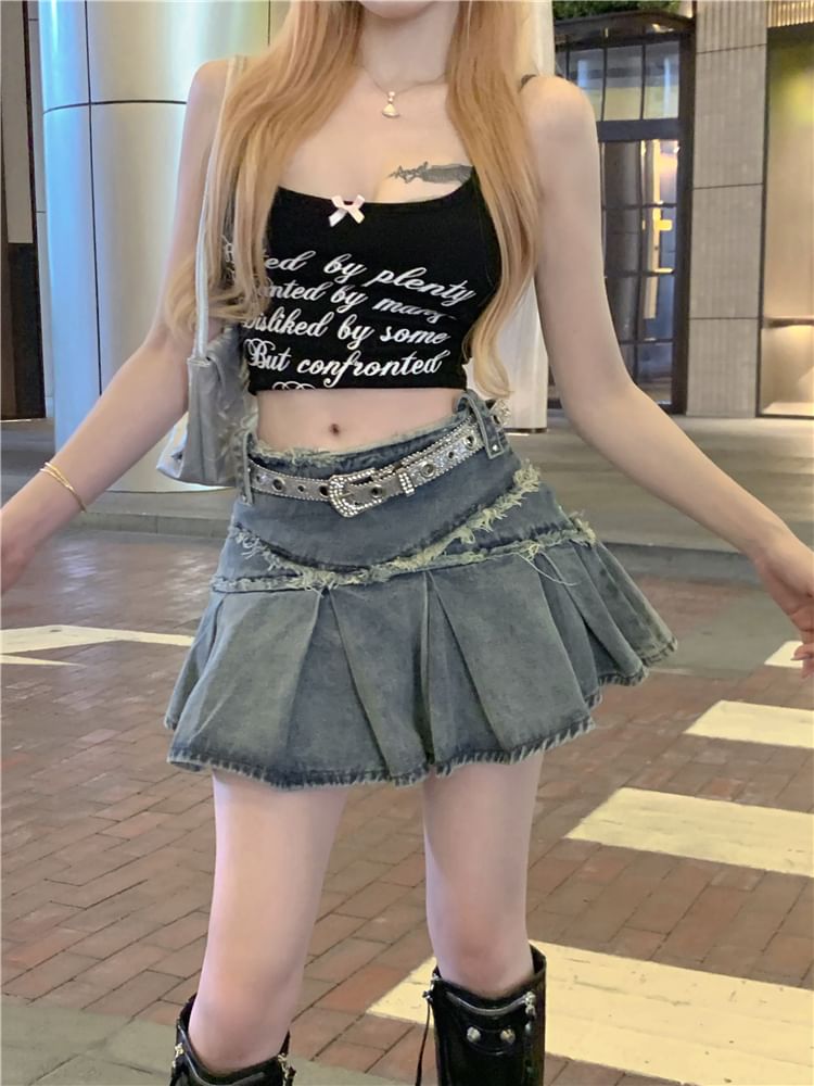 Trim Rise Mini Denim Washed A-Line Tassel Skirt Mid