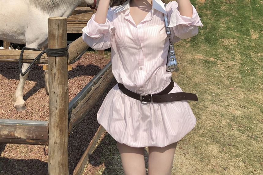 Shirtdress + Set: Belt Long-Sleeve Mini Striped Button-Up