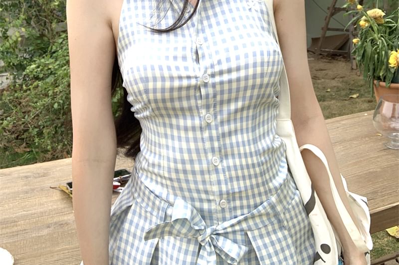 Pleated Dress Gingham Button-Up Halter-Neck Mini A-Line