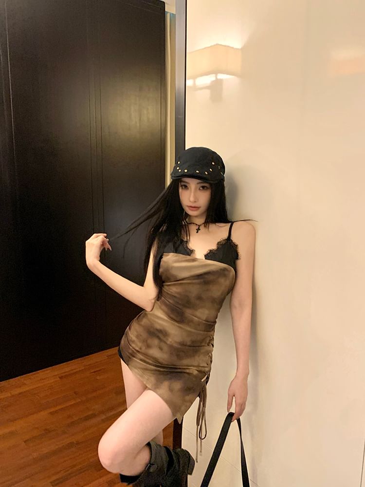 Spaghetti Mini Bodycon Trim Tie-Dyed Drawstring Lace Dress Strap