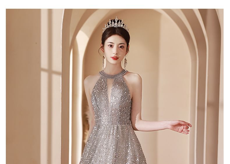 Halter Cutout A-Line Gown Sequin Evening Neck