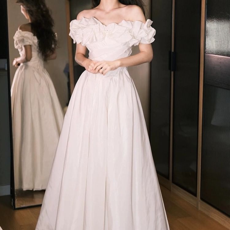 Ruched Plain Off-Shoulder Wedding Gown A-Line Satin