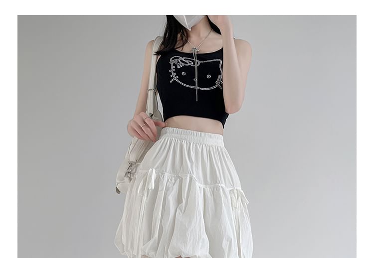 Hem Plain A-Line Elastic Bubble Bow Skirt Mini Waist