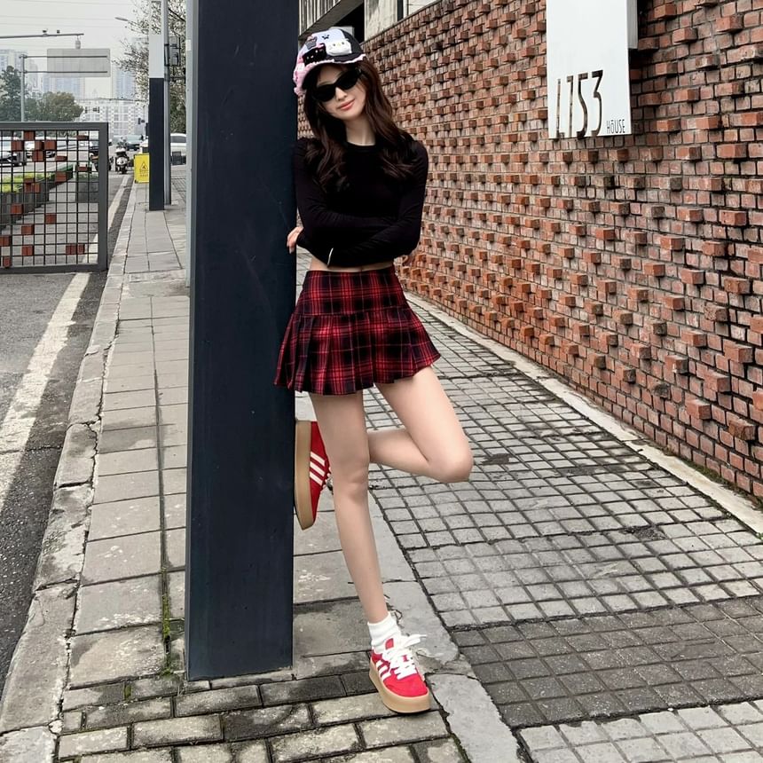 A-Line Plaid Skirt Pleated Mini High Waist
