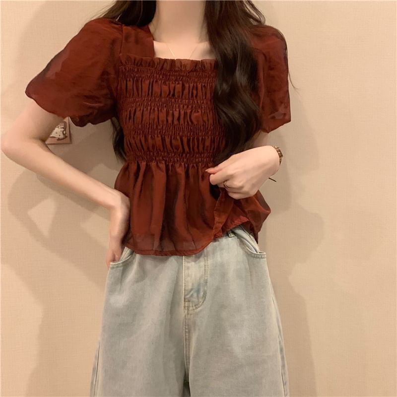 Square Ruched Plain Peplum Short-Sleeve Blouse Neck